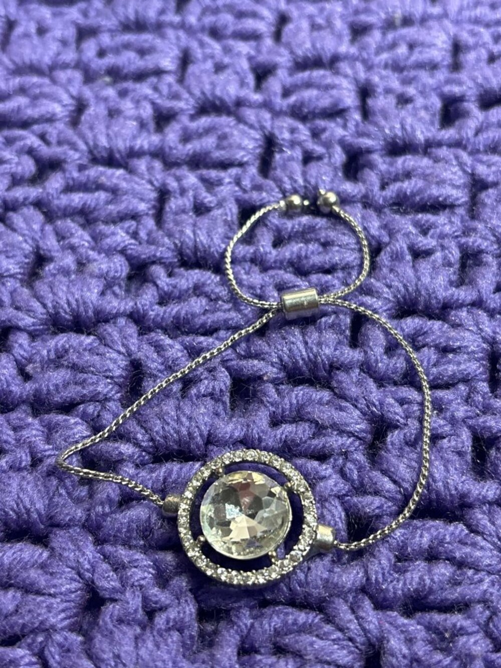 Silvertone Clear Rhinestone Circle Halo Adjustable Bracelet